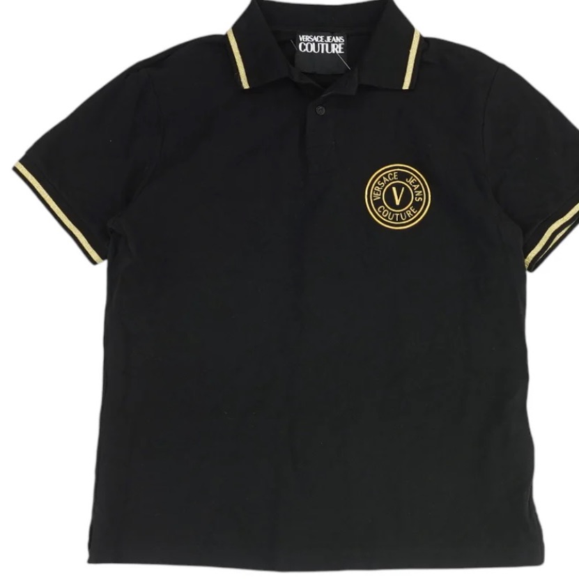 Versace Jeans Collection Black Polo With Gold Emblem And Trim